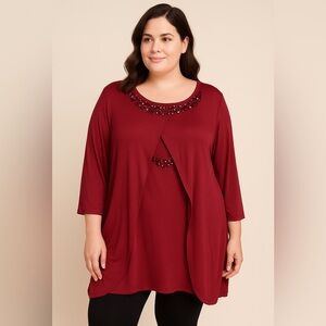 Roamans 3X Burgundy Embellished Tunic Open Back Evening Top